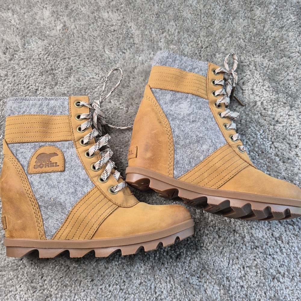 Sorel Joan of Arctic Wedge II Leather Felt Ankle Boots Camel Grey NL3376-224 8